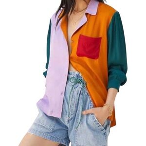 ANTHROPOLOGIE FARM RIO Silky Color Block Button Front Long Sleeve Top Size Xlrg